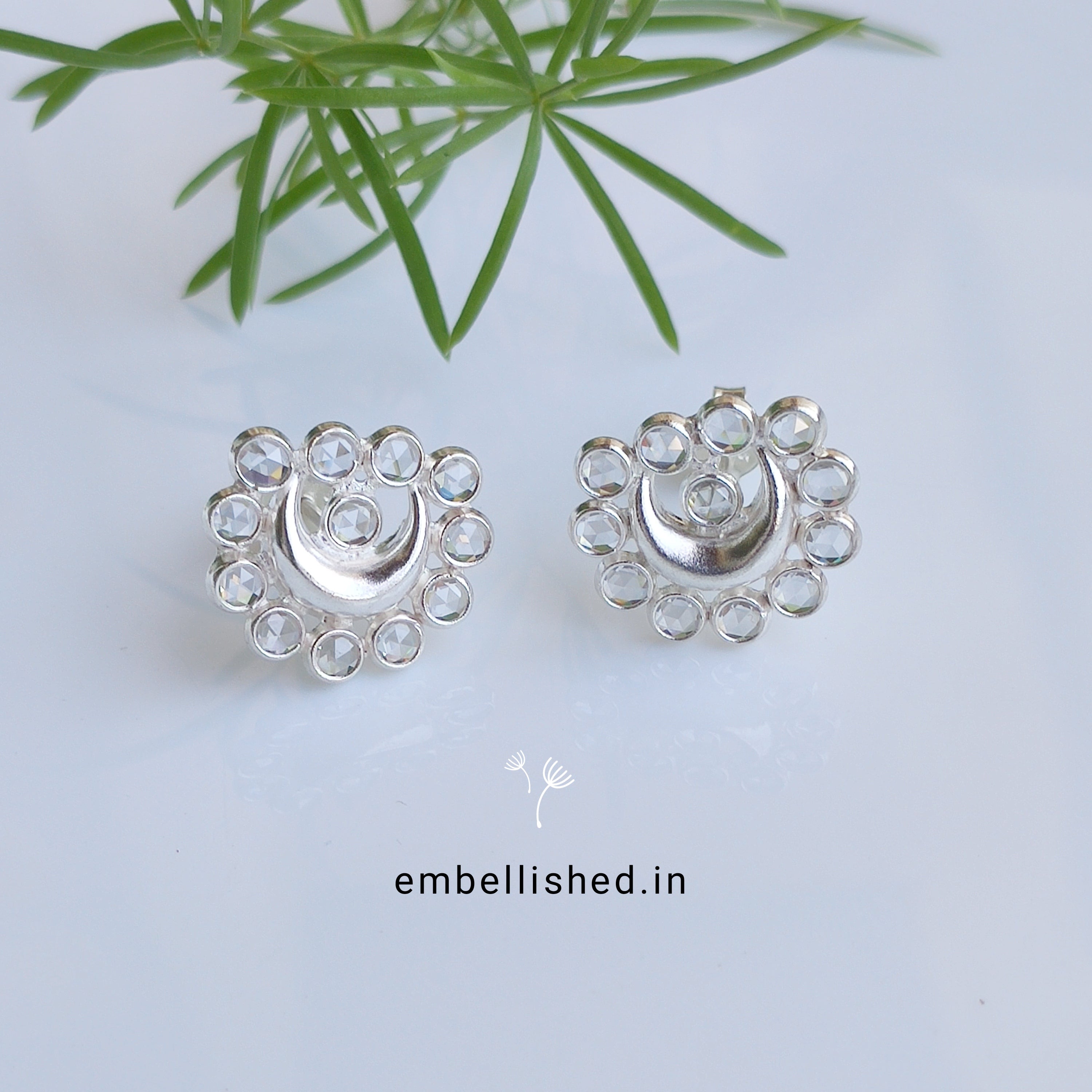 92.5 Sterling Silver Crystal Polki chandramukhi studs - Silver