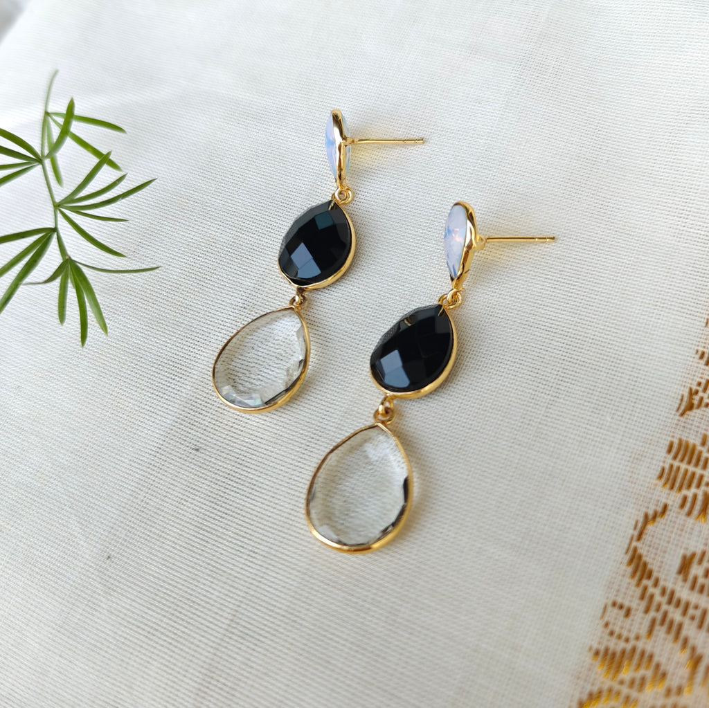 Three stone drop earrings - black and white
