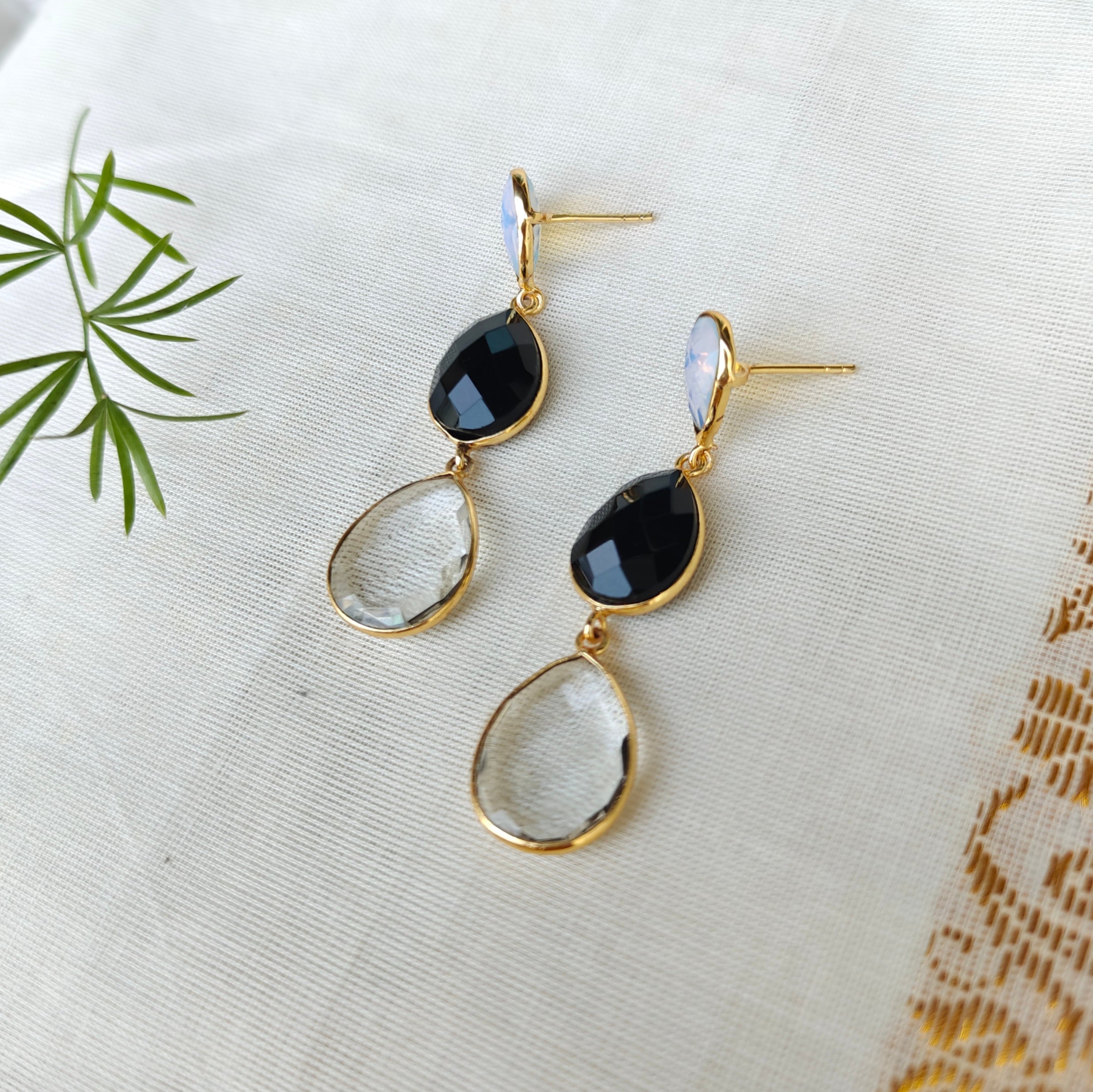 Three stone drop earrings - black and white