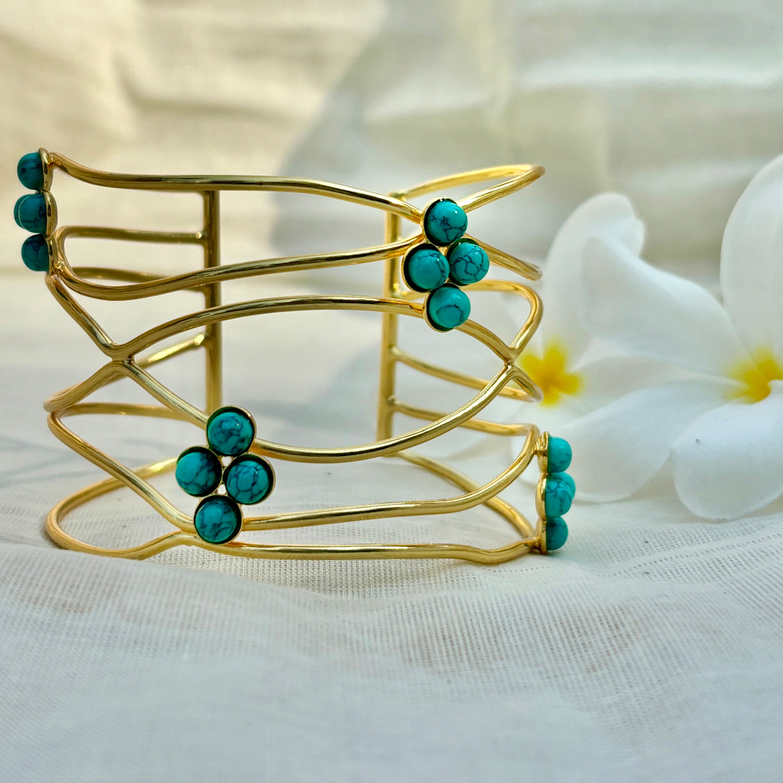 Turquoise Cluster Gold Cuff Bracelet