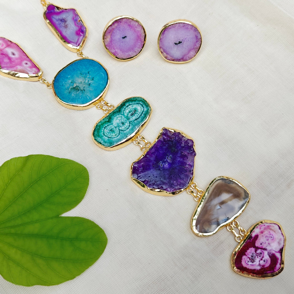 Multi-colored Geode Cascade Tie necklace set