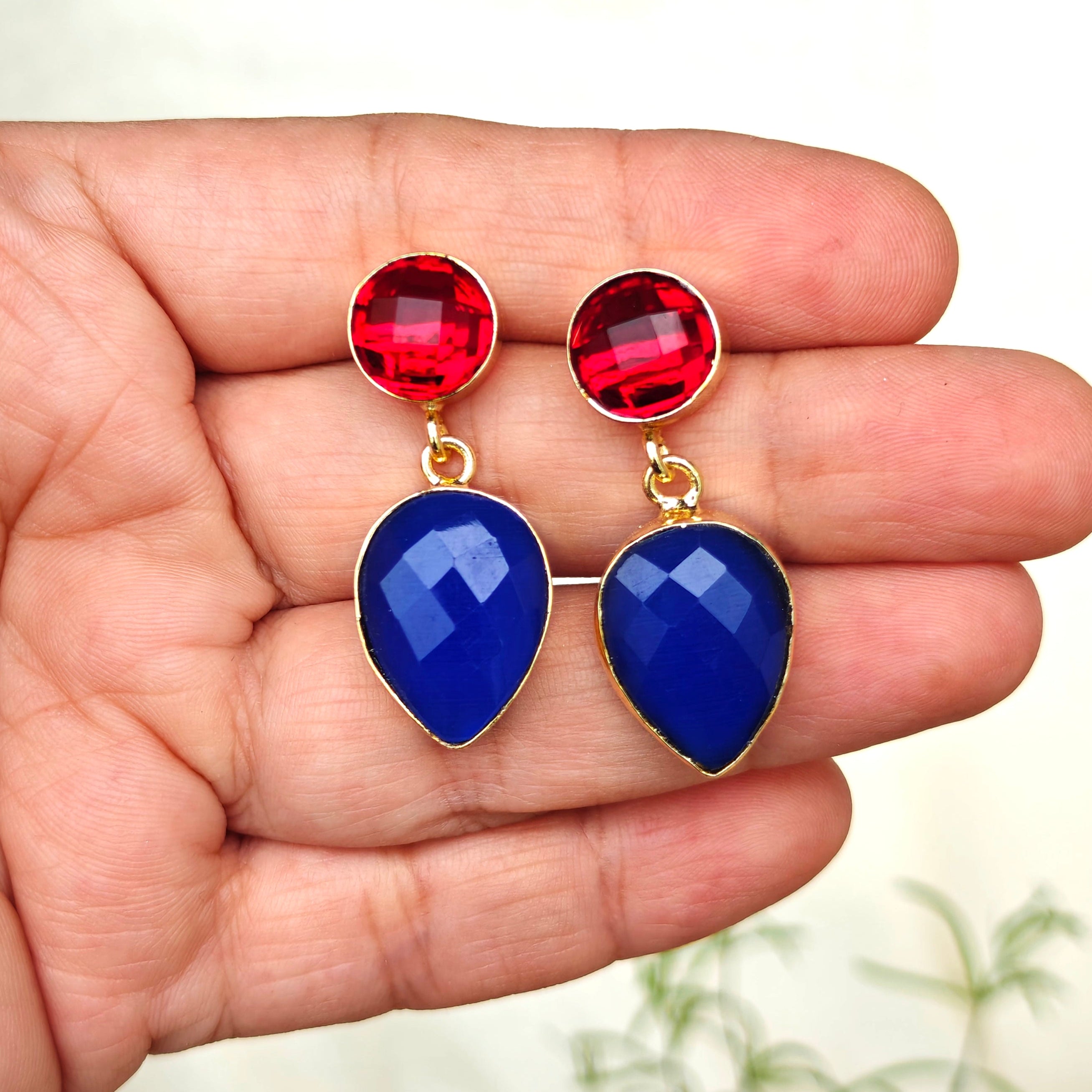 Two Stones Drop Earrings - red blue