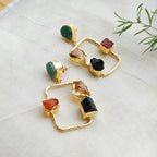 Raw Stone & Gold Hammered Rectangular Drop Earrings
