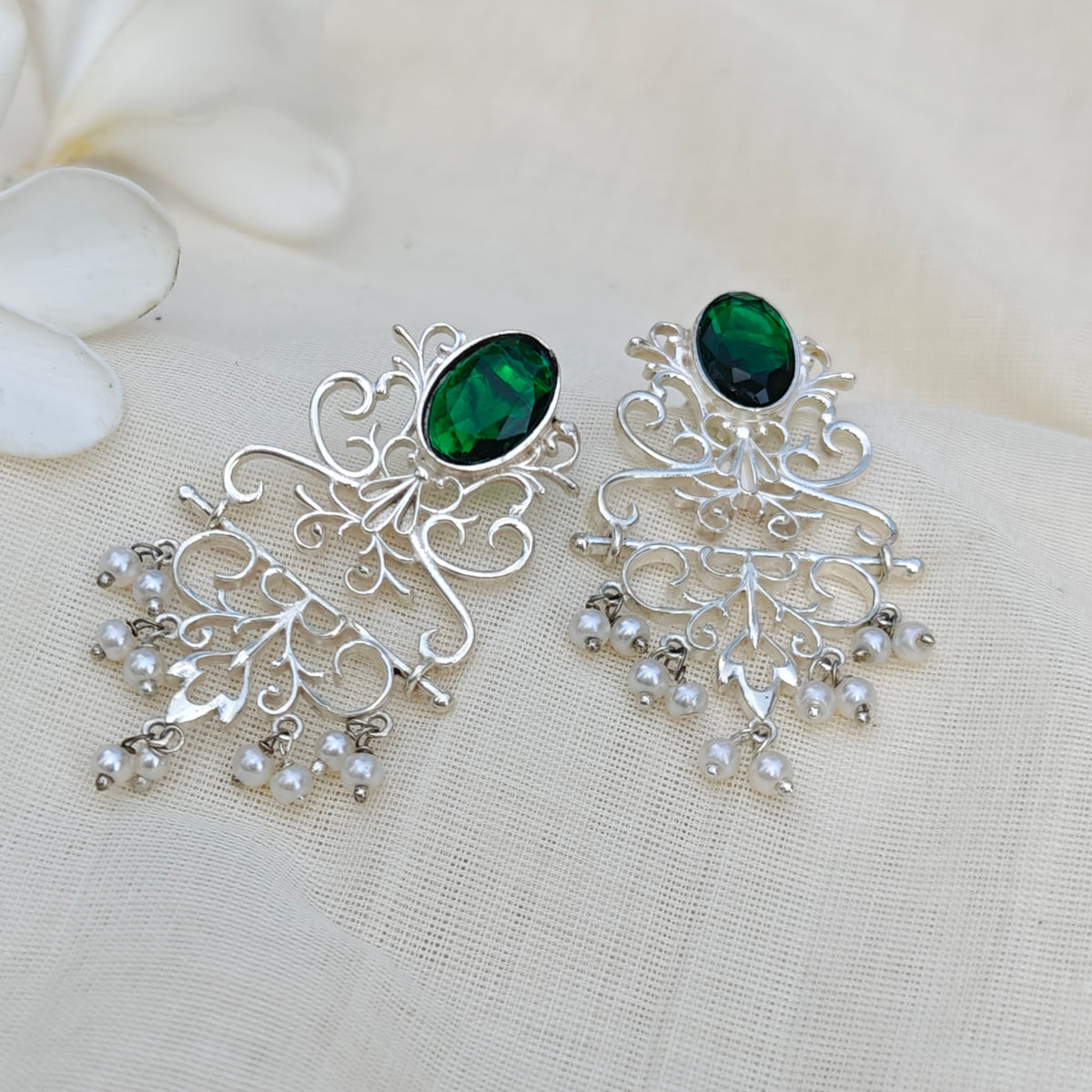 Emerald Filigree Silver Chandelier Earrings
