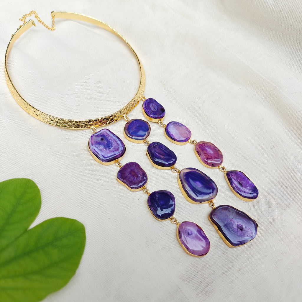 Purple Agate Slice Cascade Collar Necklace