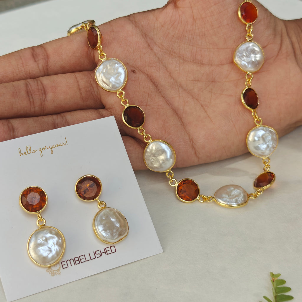 Caramel beads and Coin Pearls Lariat necklace set