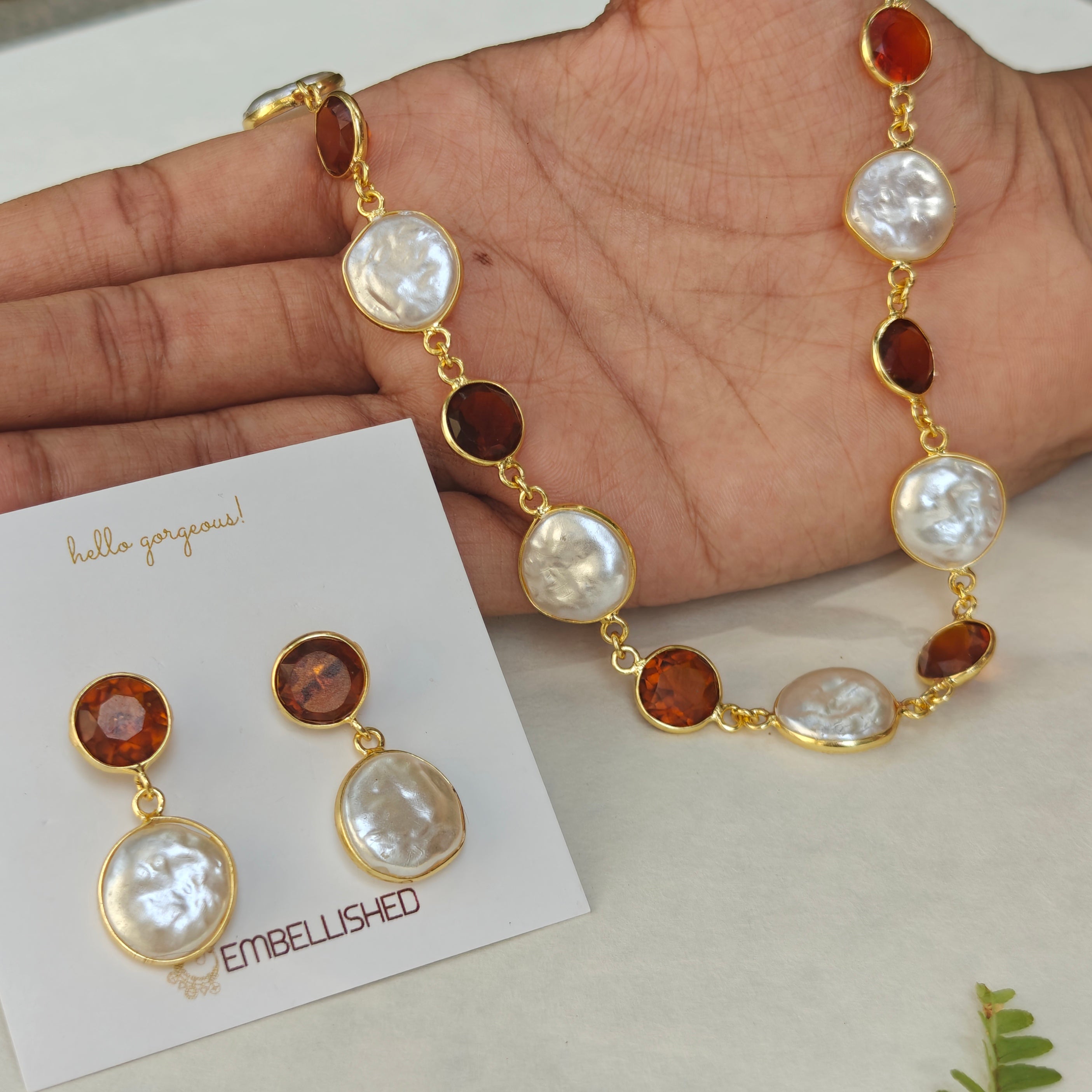 Caramel beads and Coin Pearls Lariat necklace set