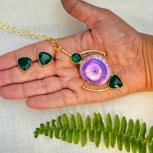 Pink Geode Statement Pendant Necklace Set