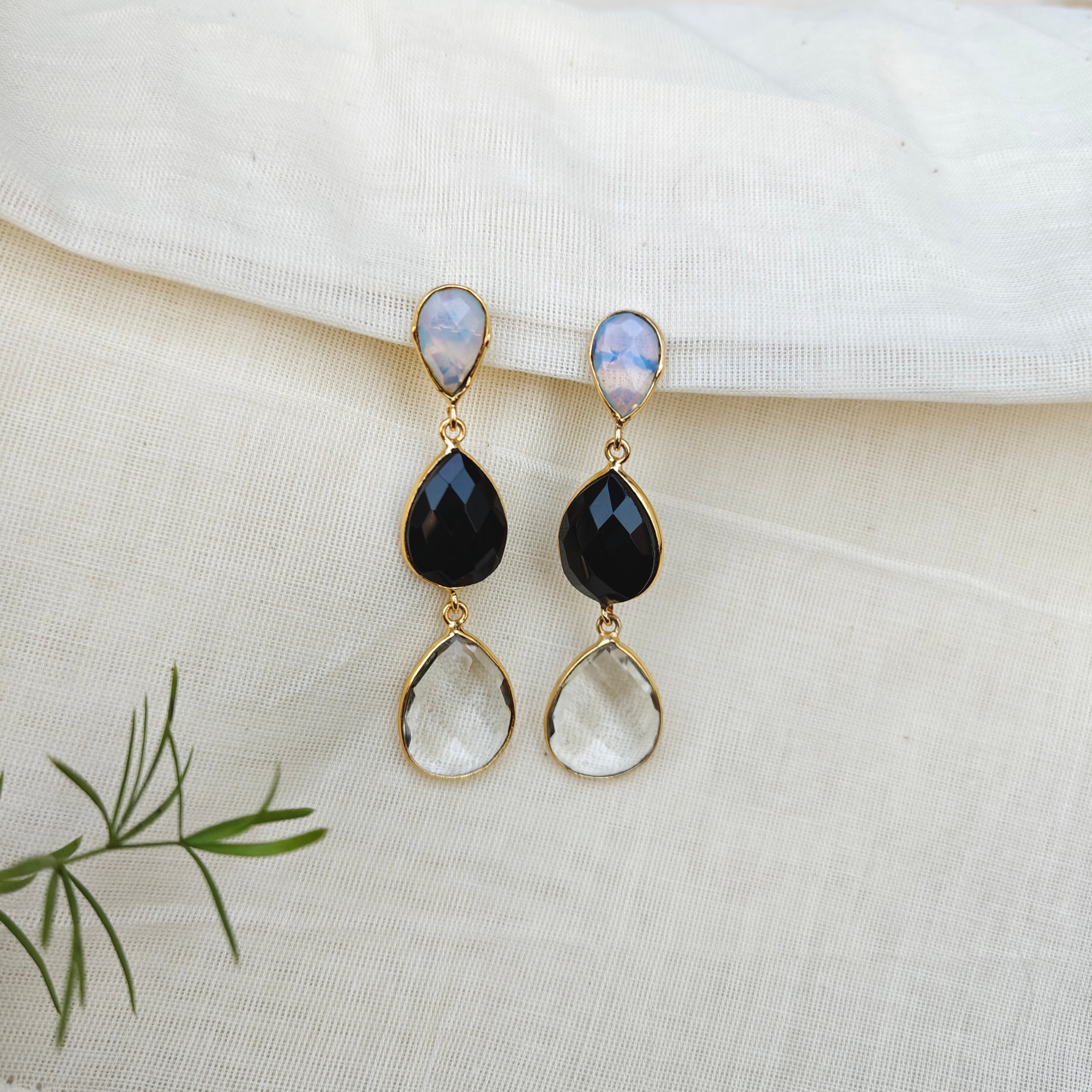 Three stone drop earrings - black and white