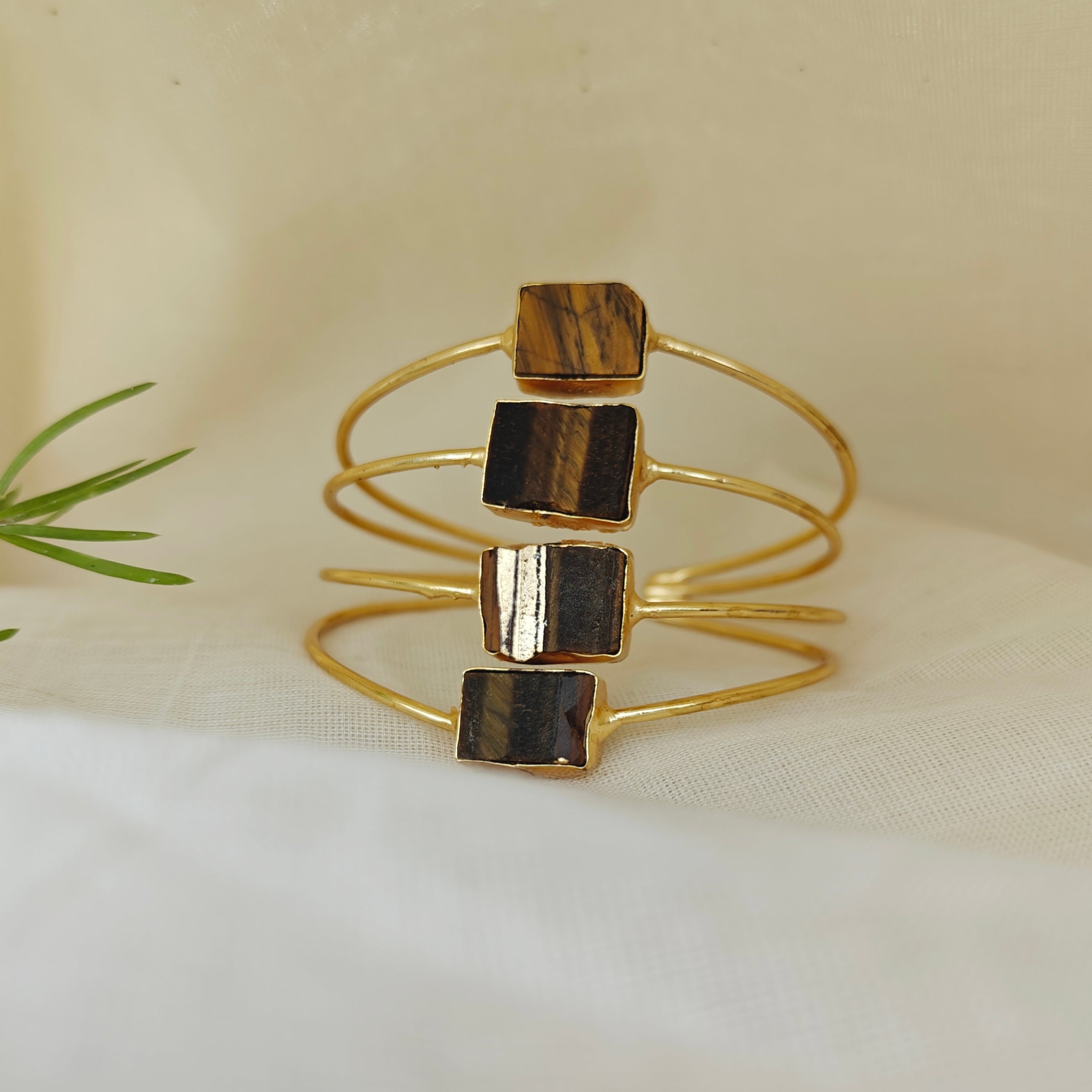 Four-Tier Raw Stone Stacked Cuff - Tiger's Eye