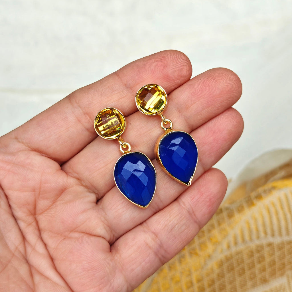 Two Stones Drop Earrings - yellow blue