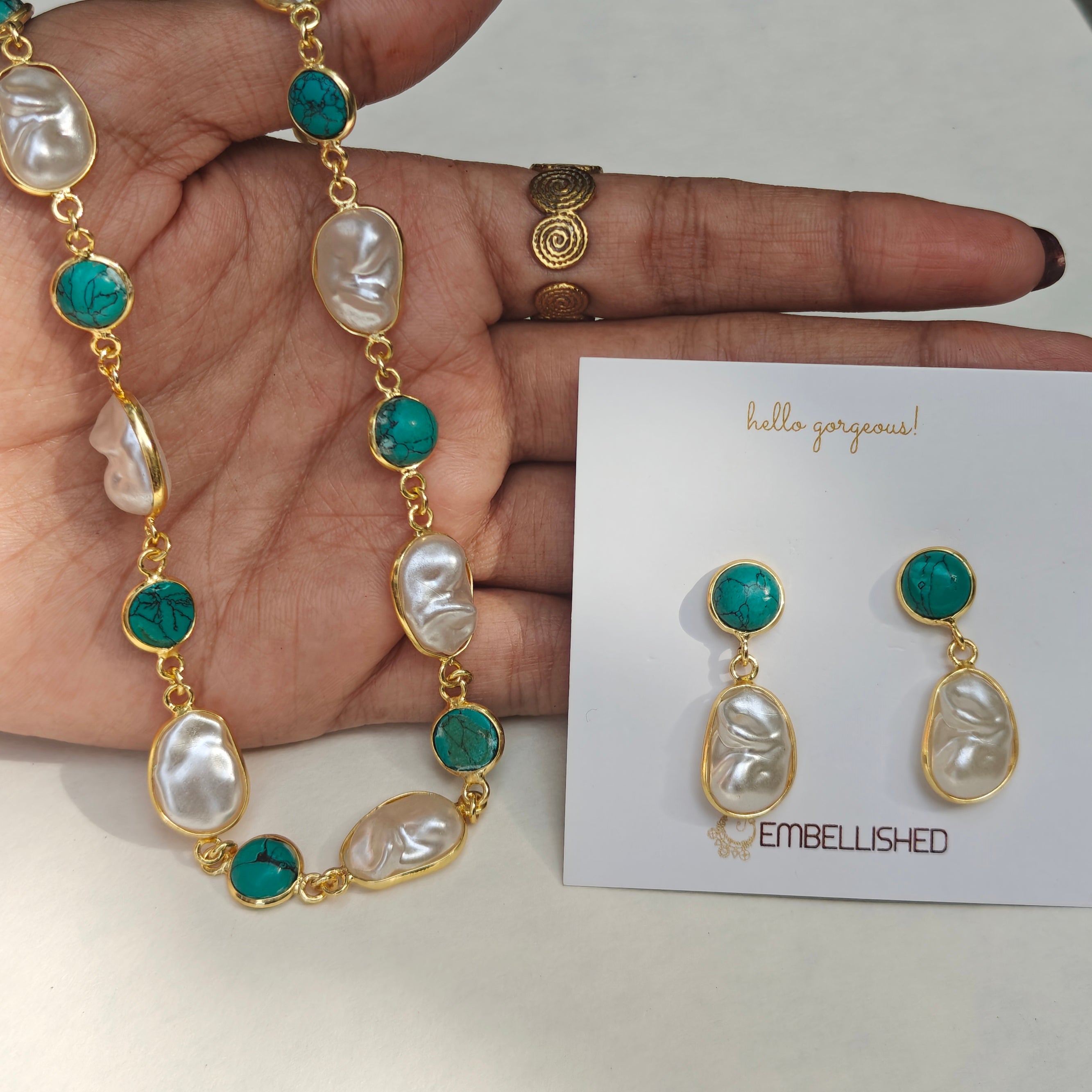 Turquoise beads and Irregular Pearls Lariat necklace set