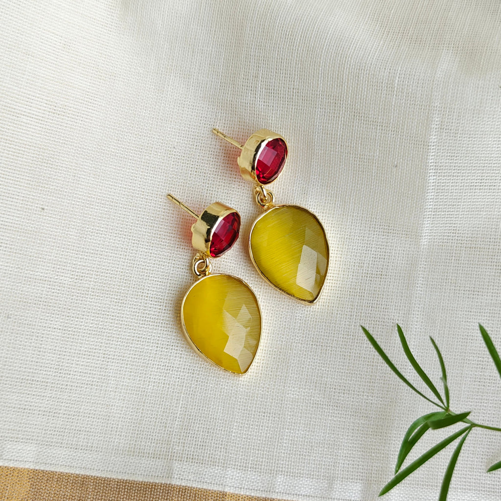 Two Stones Drop Earrings - yellow red