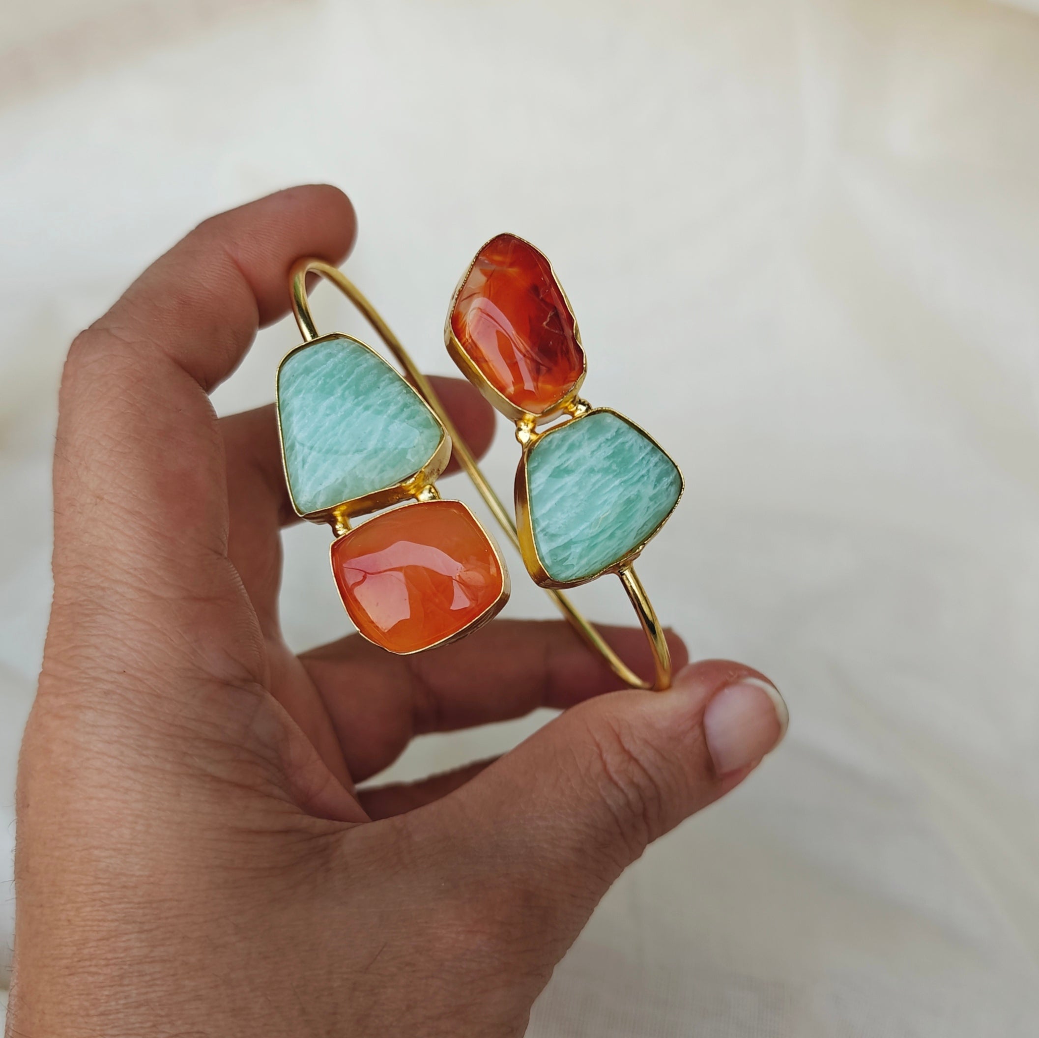 Dual Stone Open Bangle - Carnelian, Amazonite