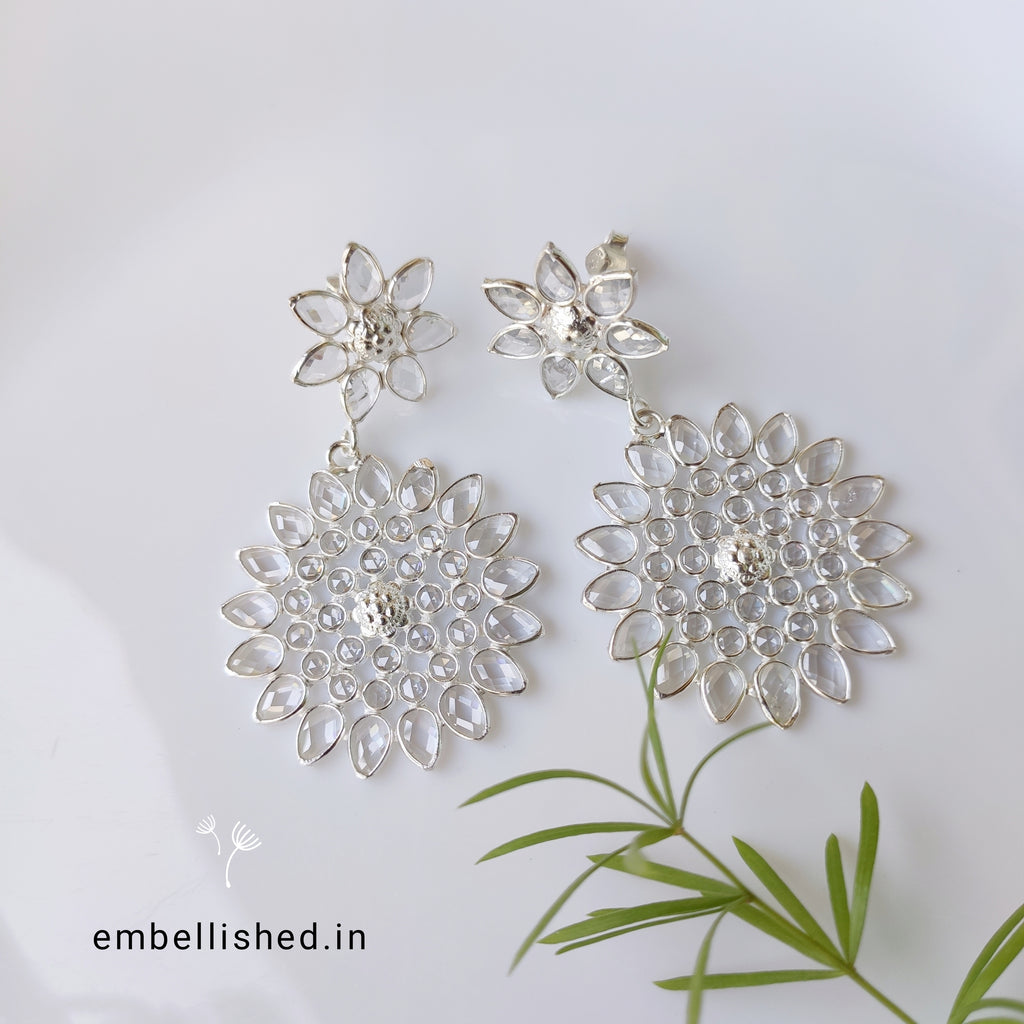 92.5 Sterling Silver Crystal Polki large chandelier balis - Silver