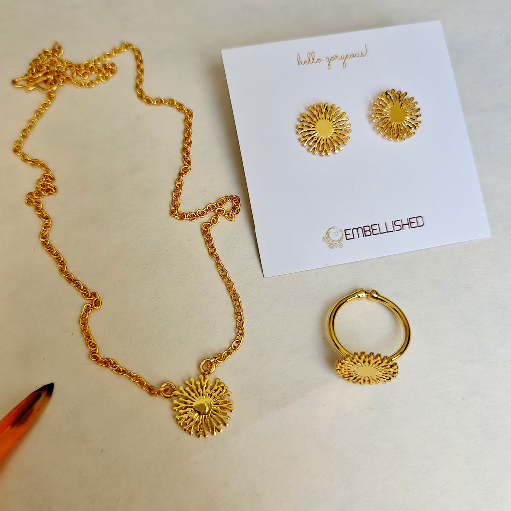 Golden Snowflake Necklace, Studs and Ring Set