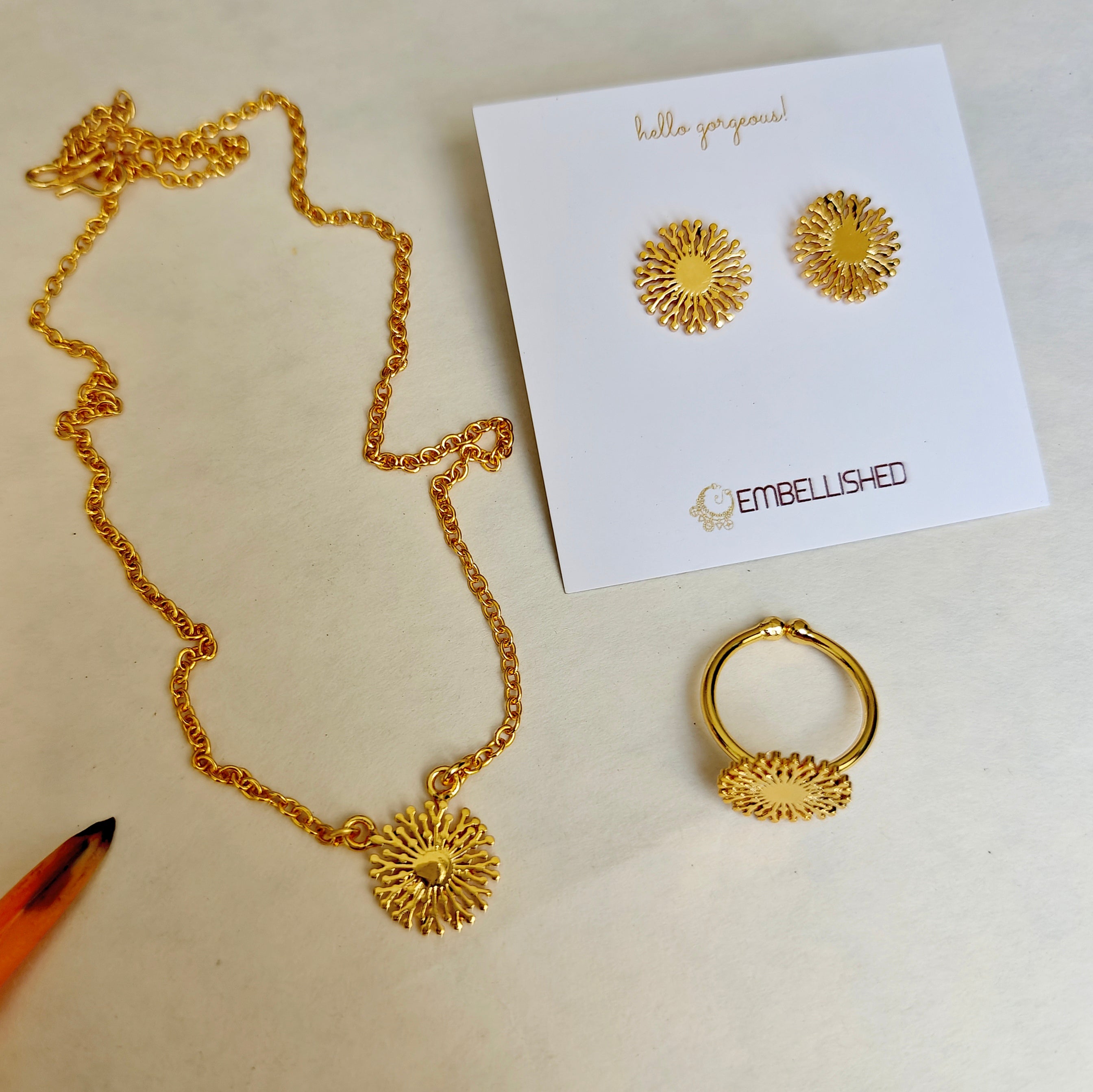 Golden Snowflake Necklace, Studs and Ring Set