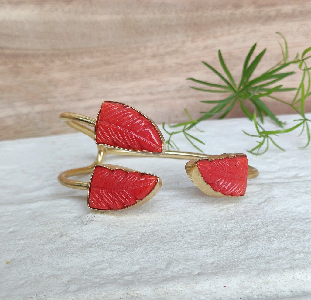 Three stones medley open bangle - coral