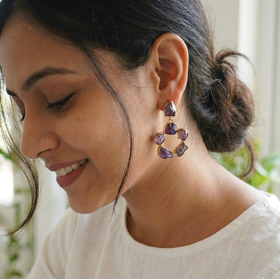 Posh uncut Amethyst stone circle drop earrings