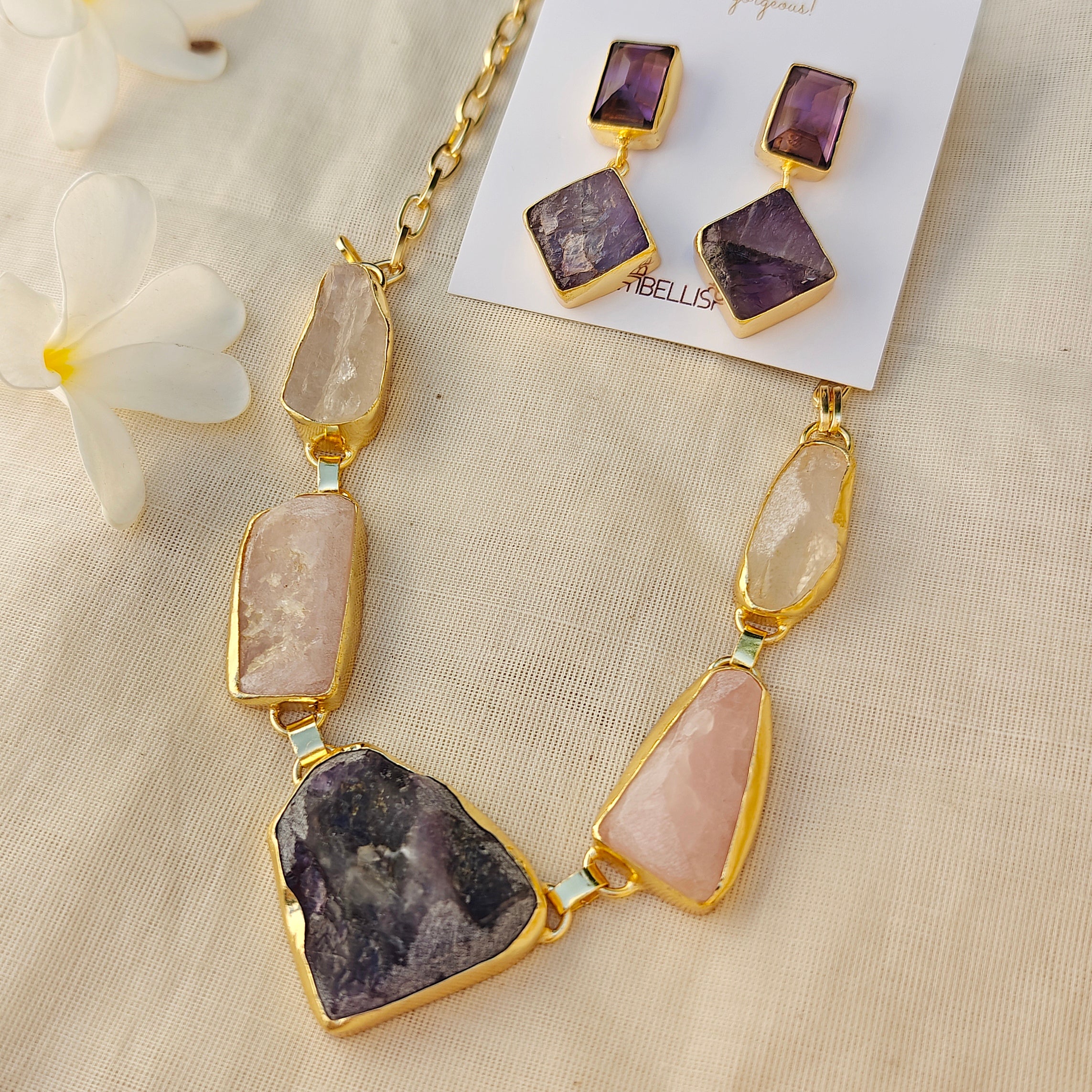 Ethereal Raw Stone Princess necklace and Drop Earring Set