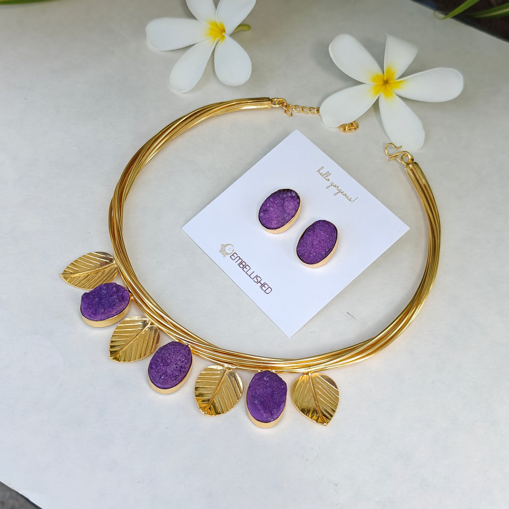 Purple Druzy Leaf Collar Necklace Set