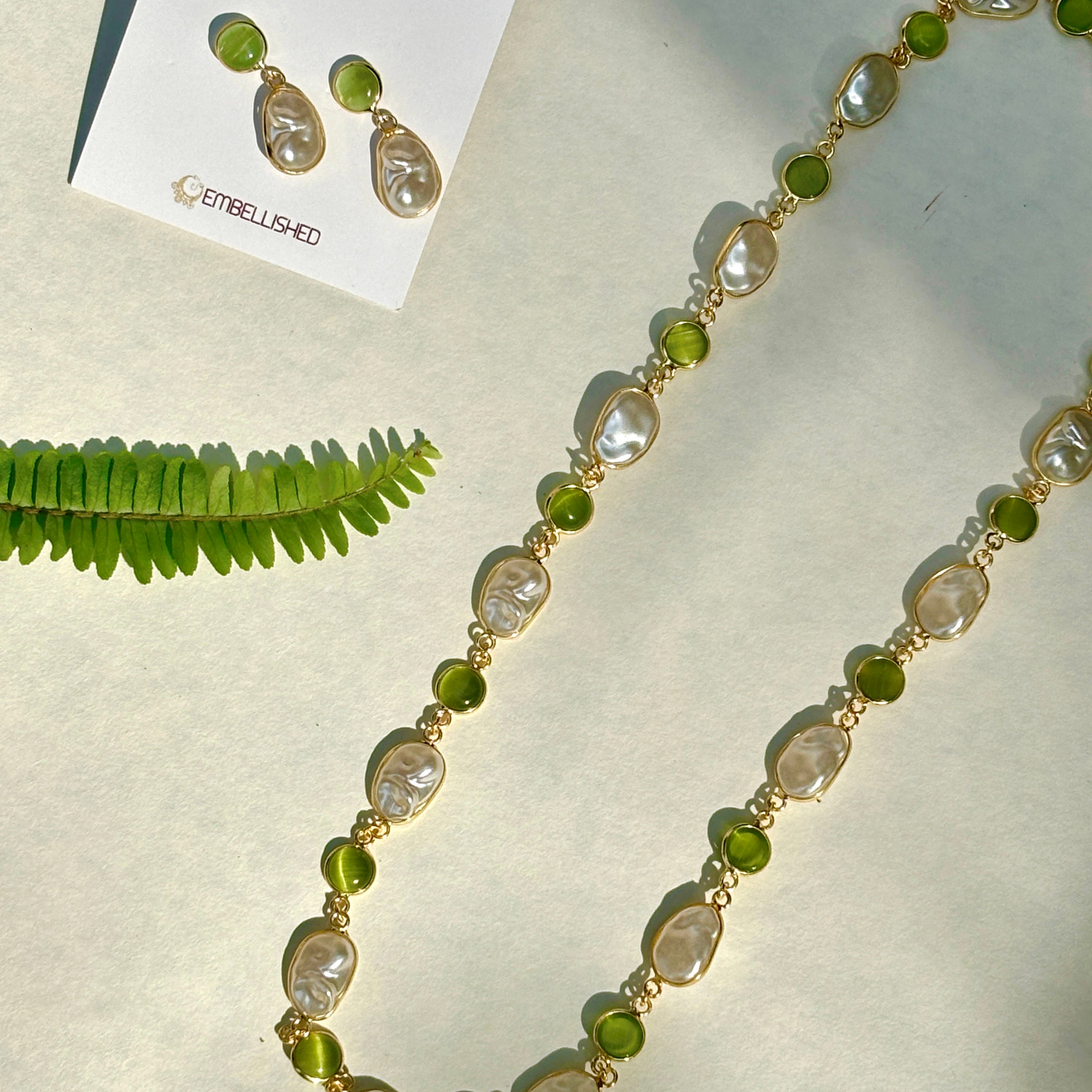 Mint beads and Irregular Pearls Lariat necklace set