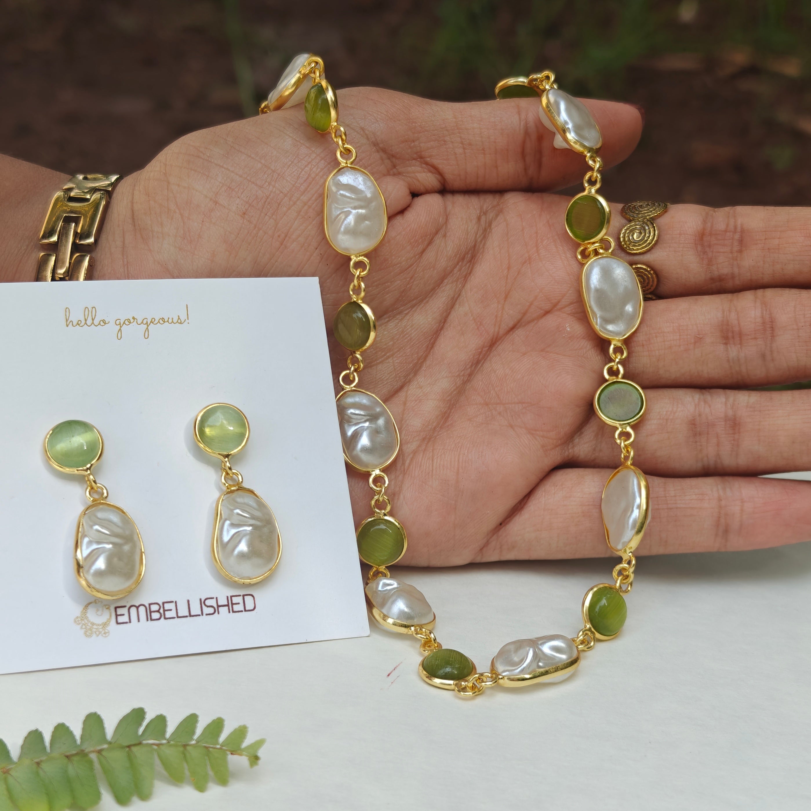 Mint beads and Irregular Pearls Lariat necklace set
