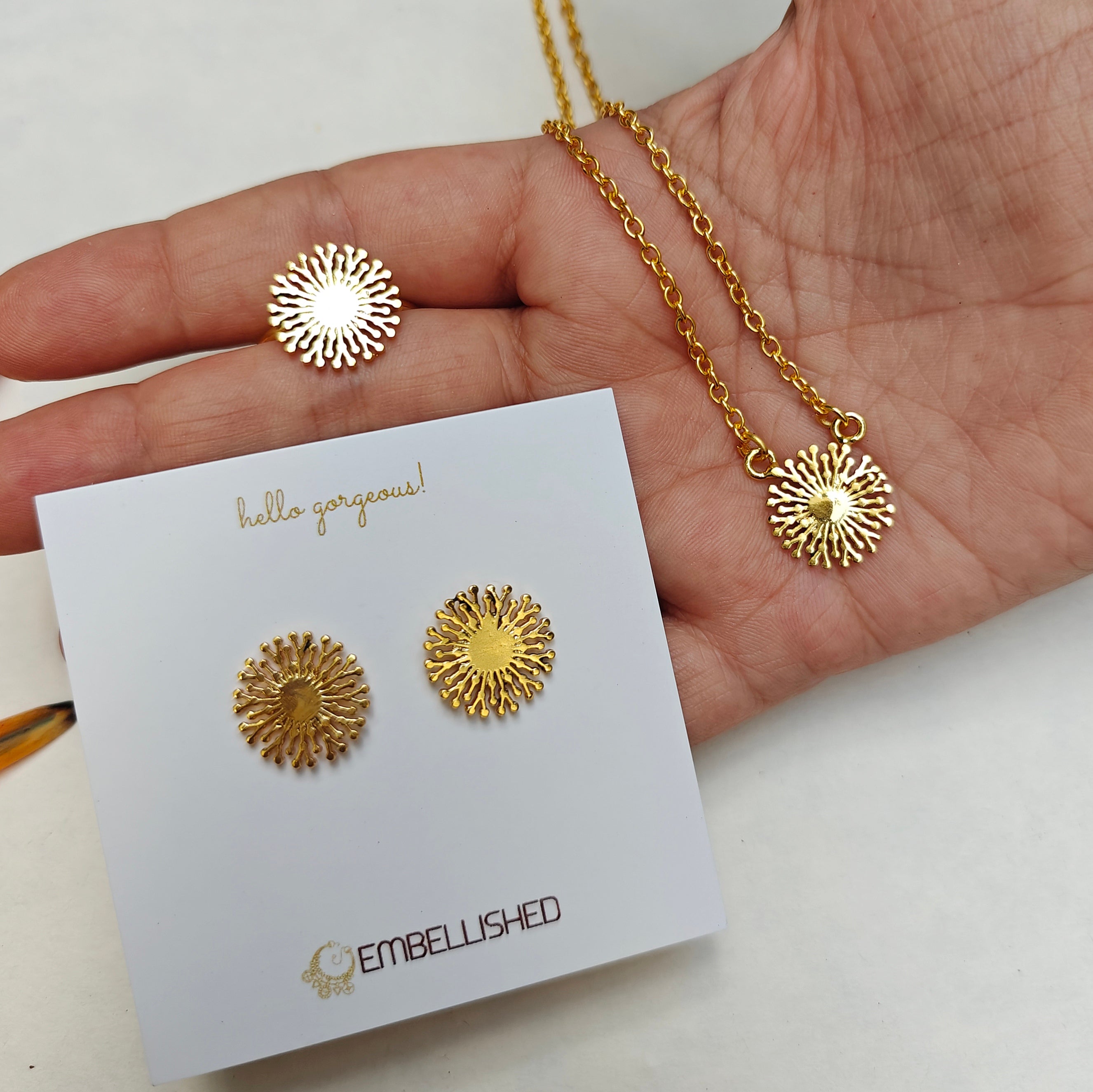 Golden Snowflake Necklace, Studs and Ring Set