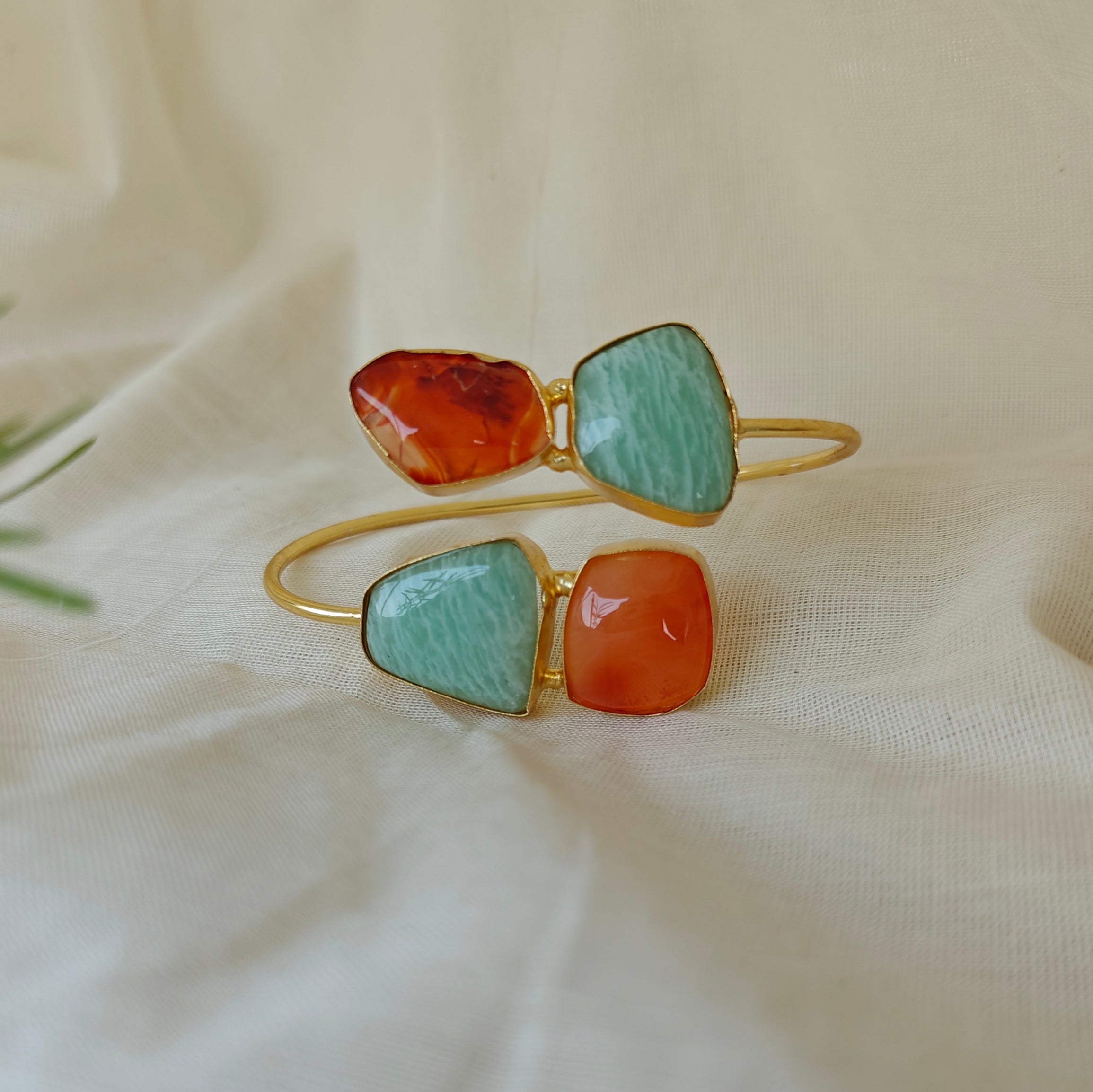 Dual Stone Open Bangle - Carnelian, Amazonite