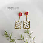 Geometric grid drop earrings - red