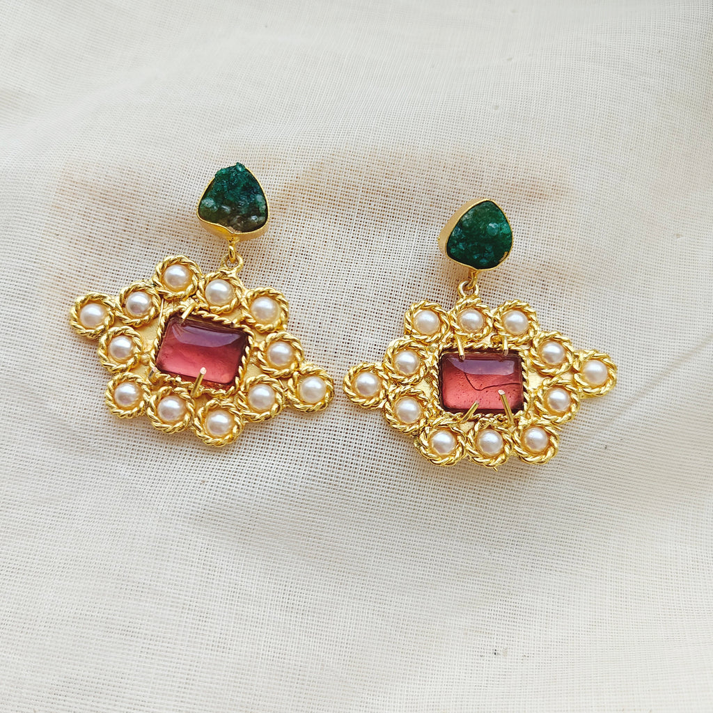 Large Bohemian studded drop earrings