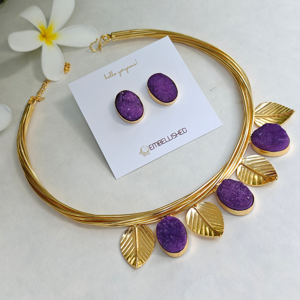 Purple Druzy Leaf Collar Necklace Set