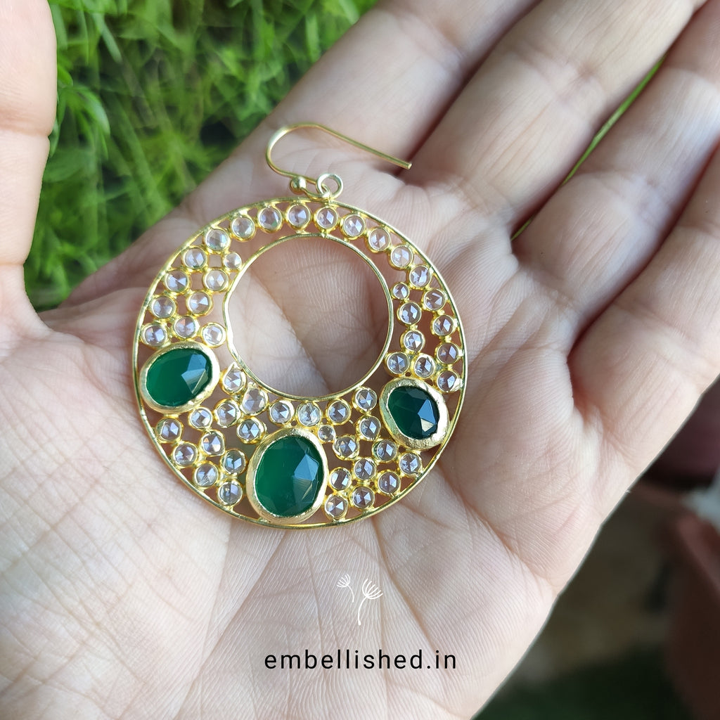 92.5 Sterling Silver Crystal Polki large round danglers - Gold, Green