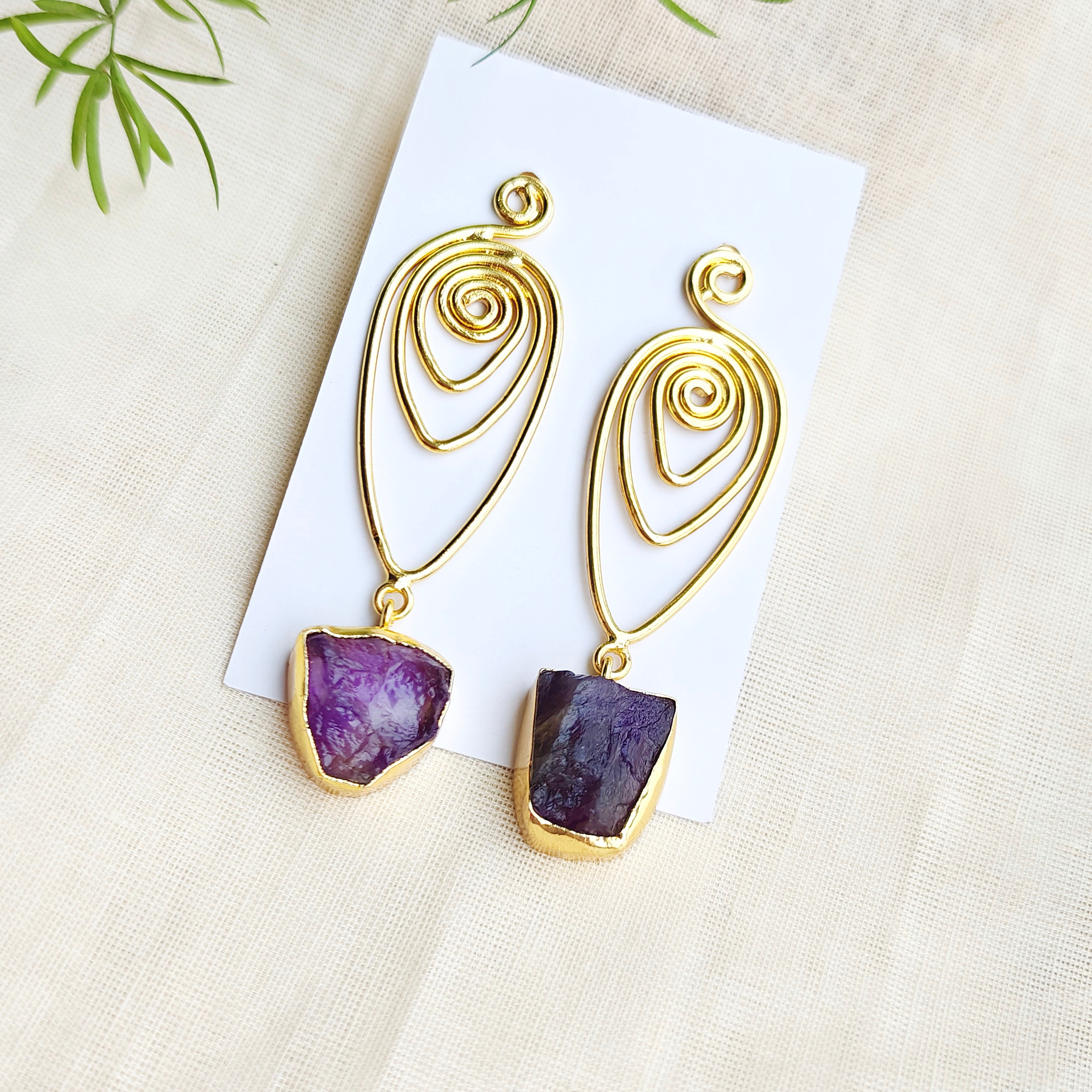 Raw Amethyst Spiral Drop Earrings