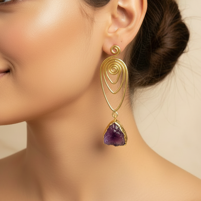 Raw Amethyst Spiral Drop Earrings