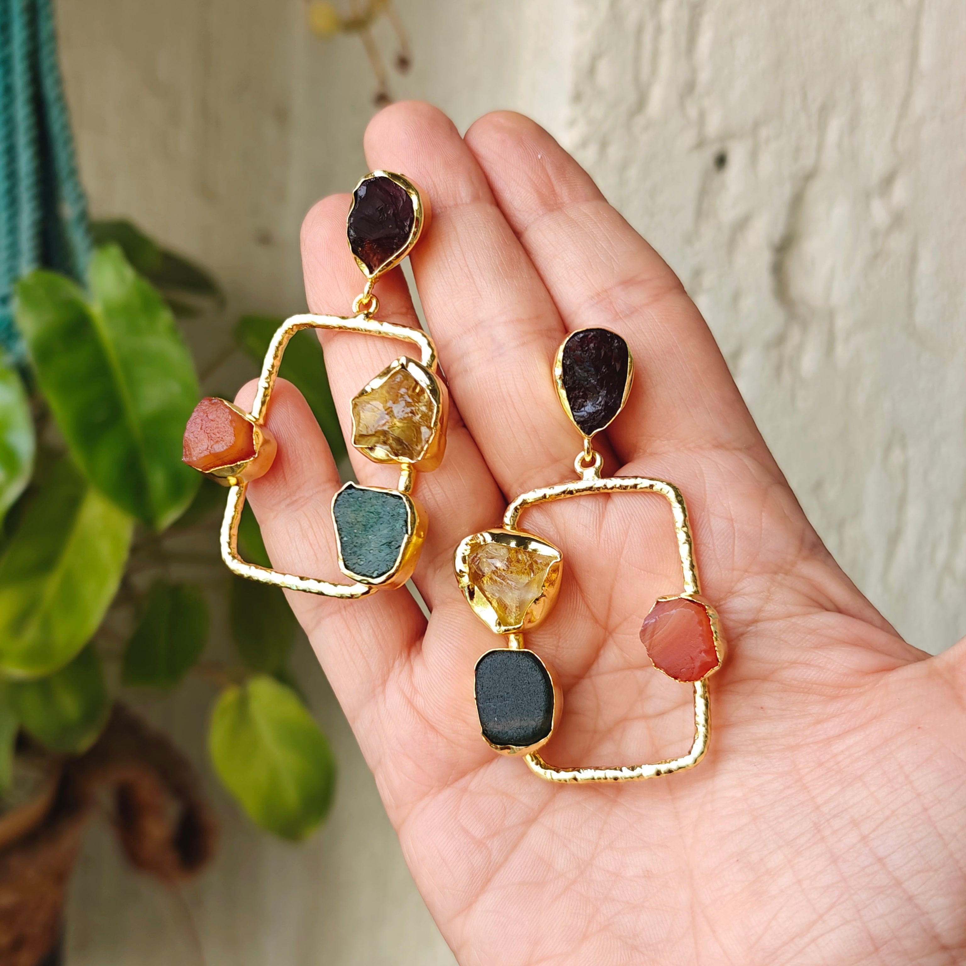 Raw Stone & Gold Hammered Rectangular Drop Earrings