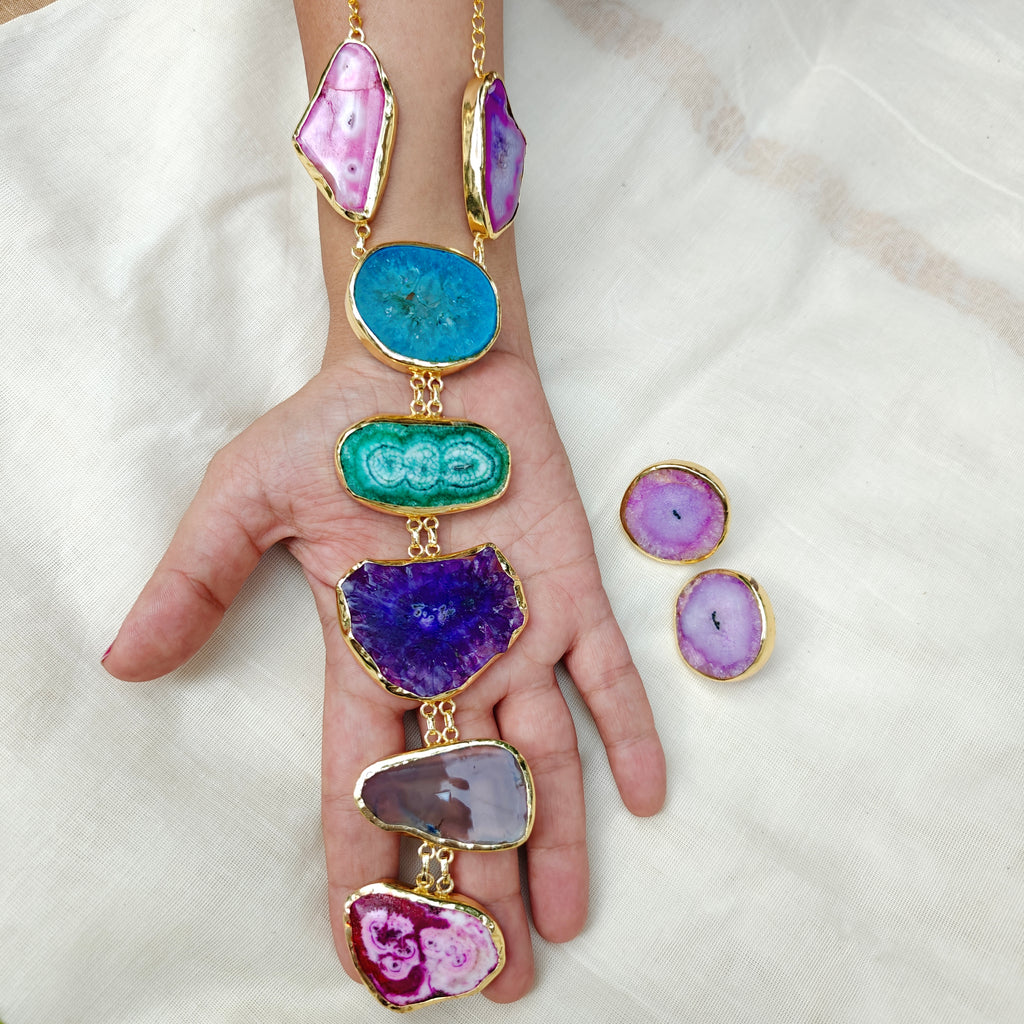 Multi-colored Geode Cascade Tie necklace set