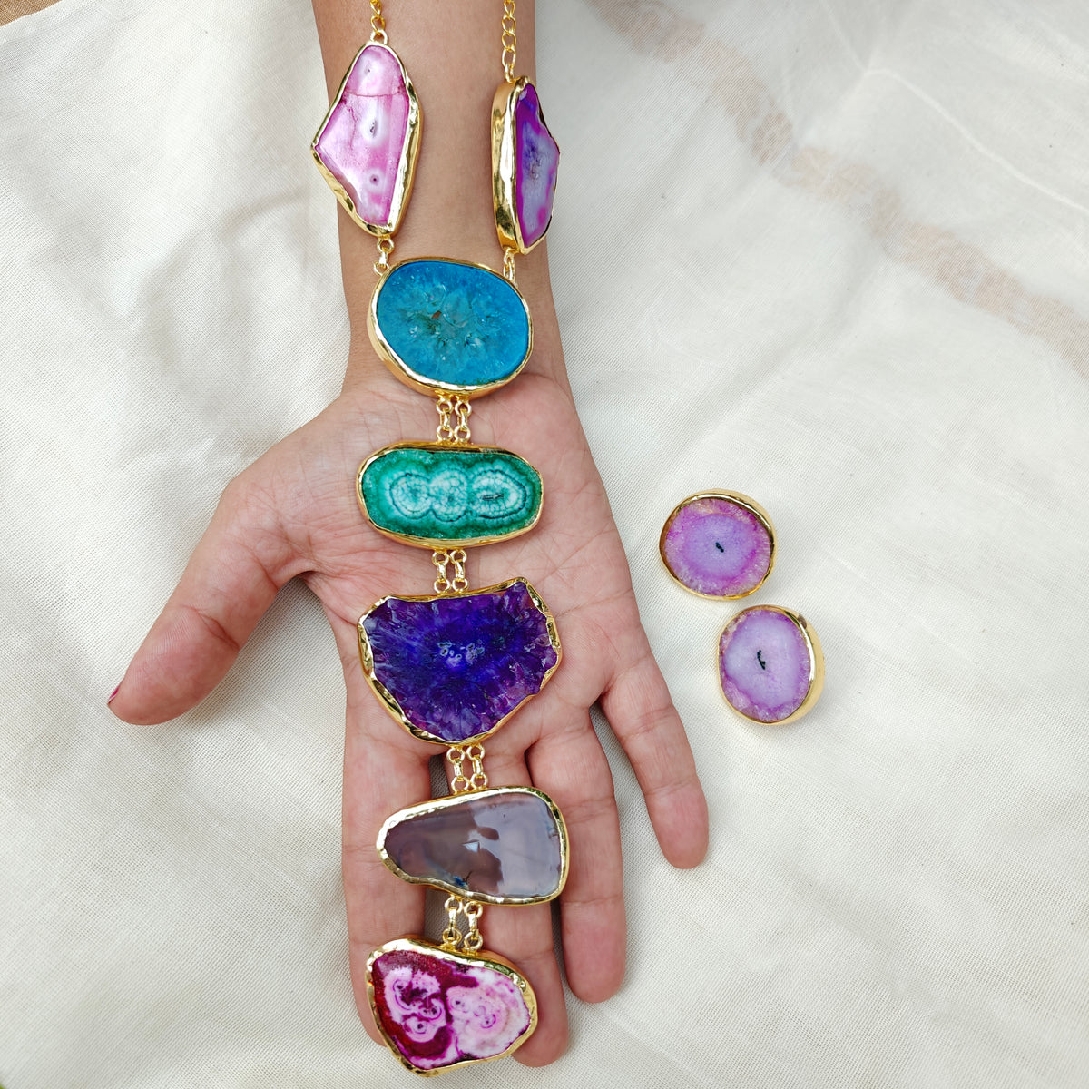Multi-colored Geode Cascade Tie necklace set
