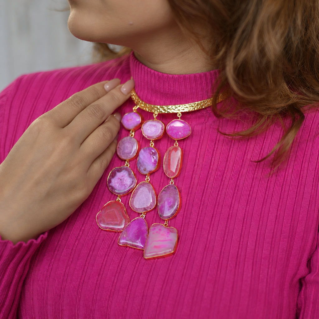 Pink Agate Slice Cascade Collar Necklace