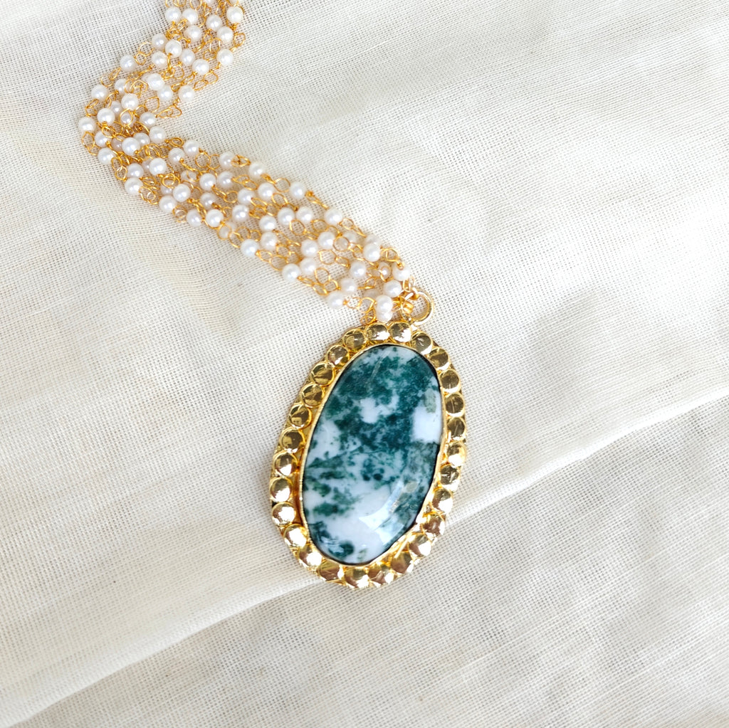 Pearl Layered Necklace with Natural Stone Pendant