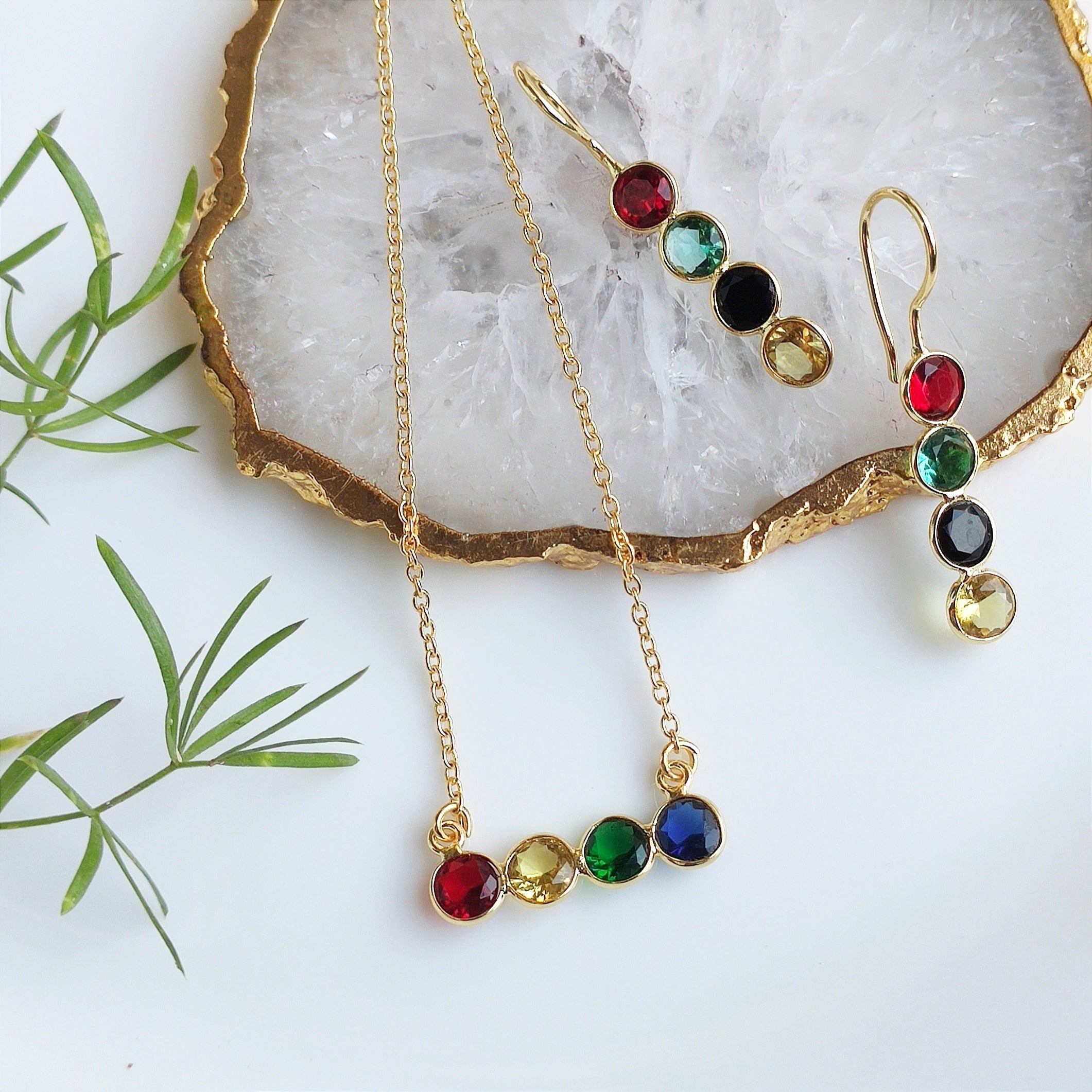 Multi-colored mini stones pendant chain and earrings set