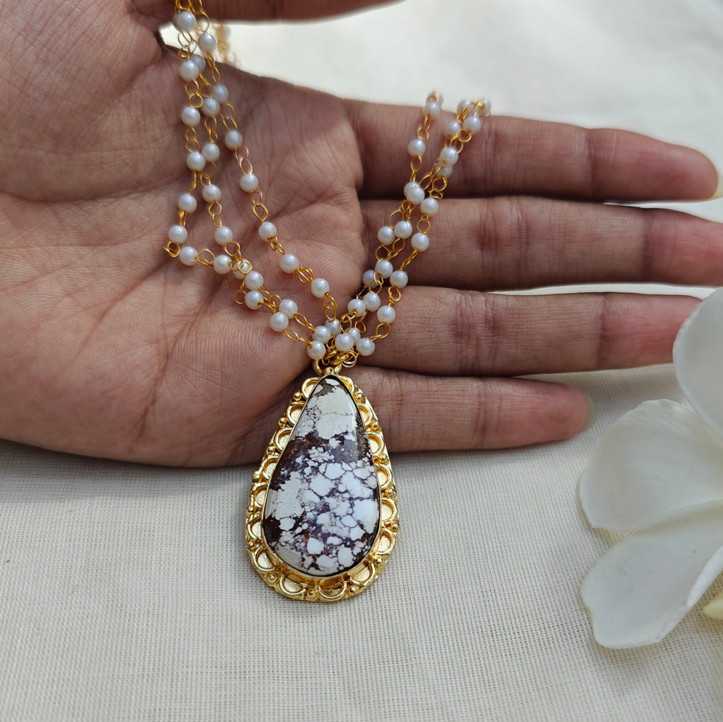 Pearl Layered Necklace with Natural Stone Pendant