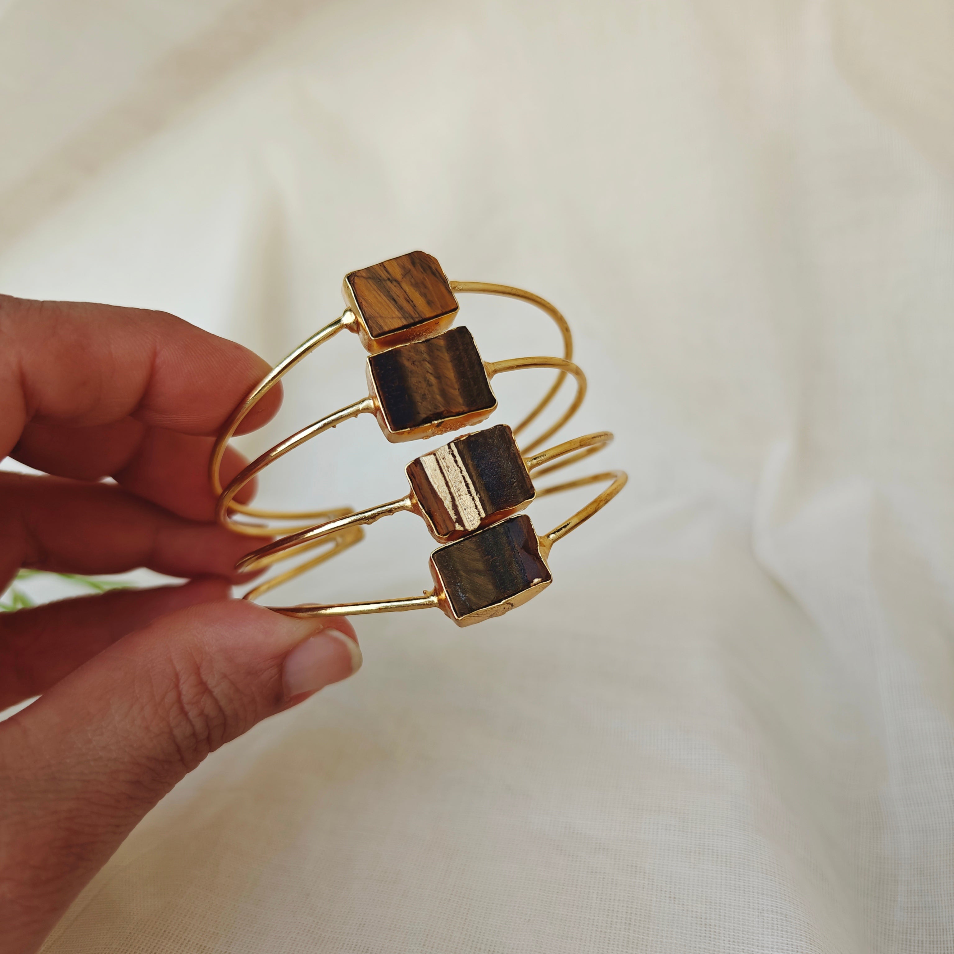 Four-Tier Raw Stone Stacked Cuff - Tiger's Eye