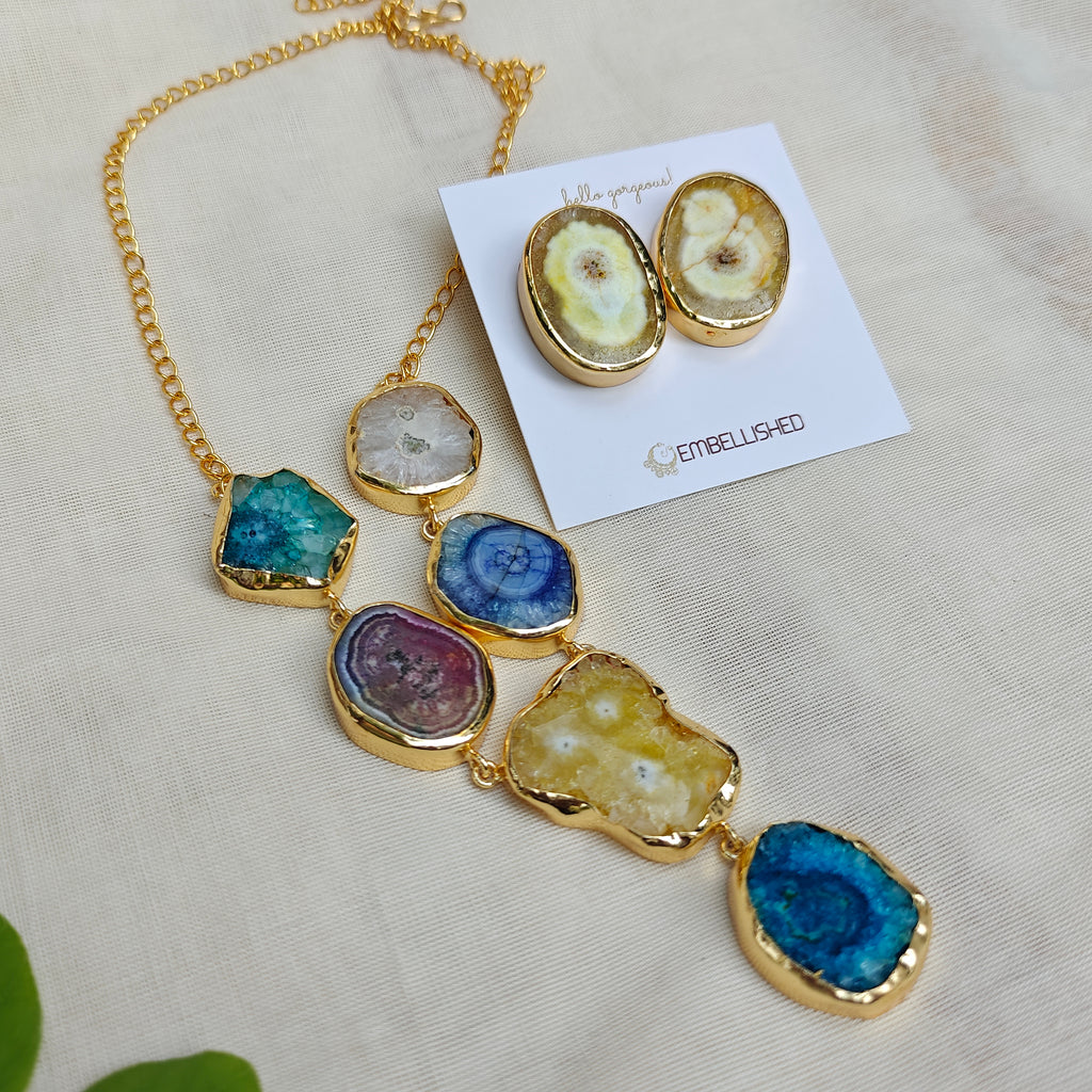 Rainbow Agate Slice Necklace Set
