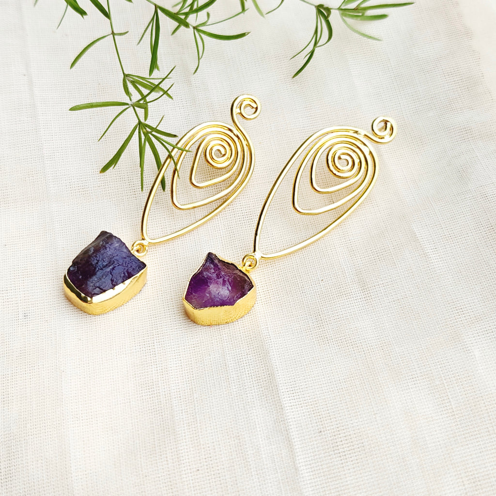Raw Amethyst Spiral Drop Earrings