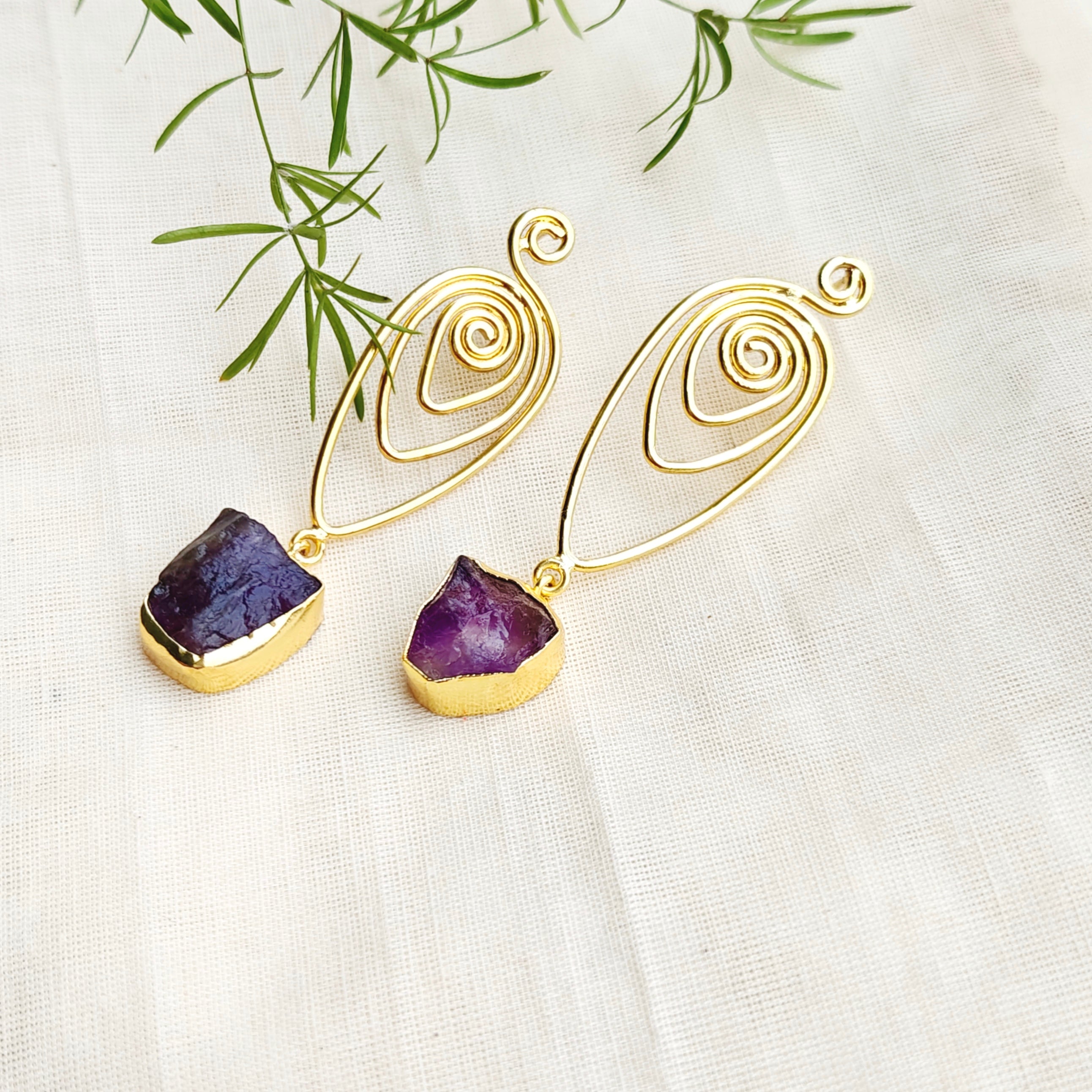Raw Amethyst Spiral Drop Earrings