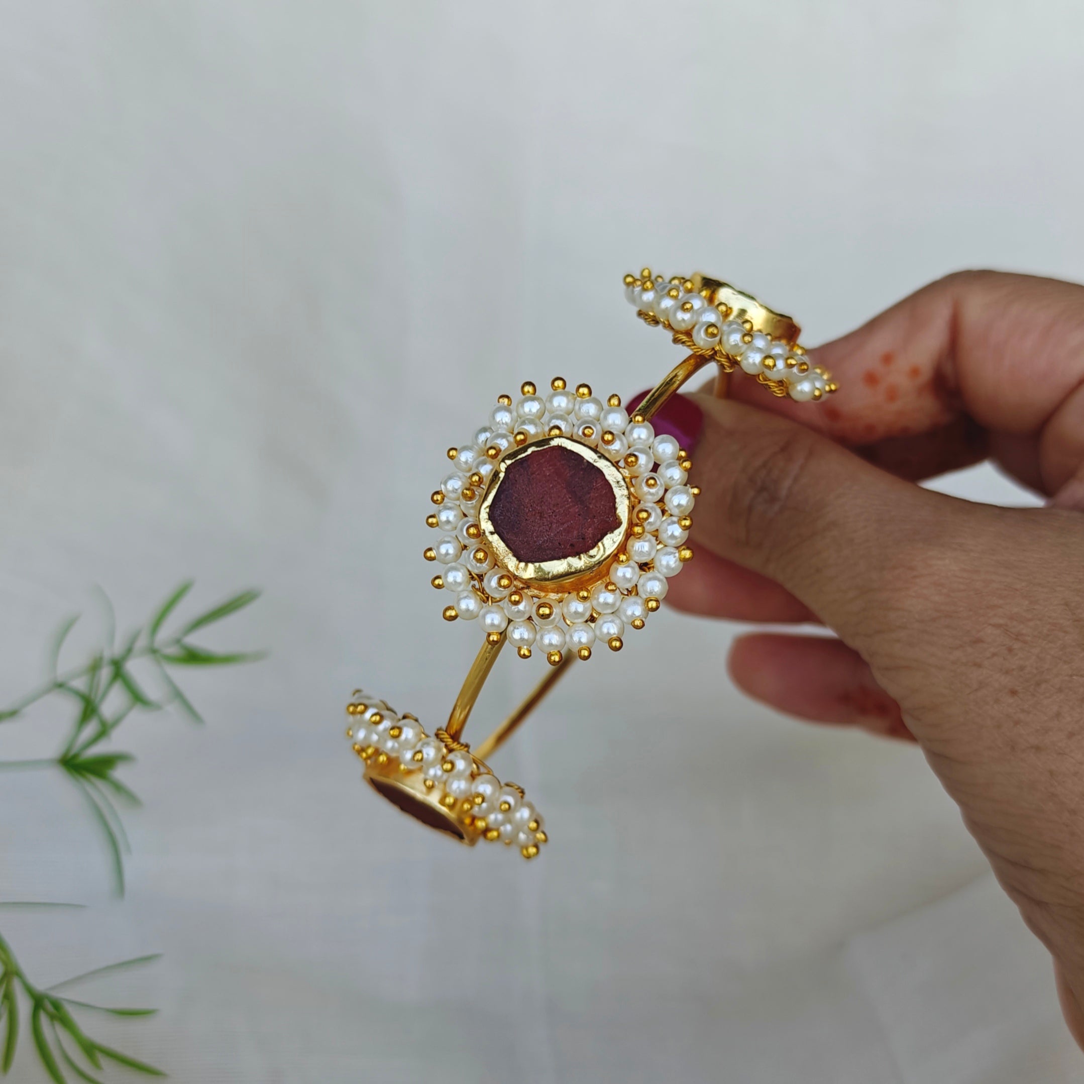 Coffee Jasper Cluster Pearls Open Bangle