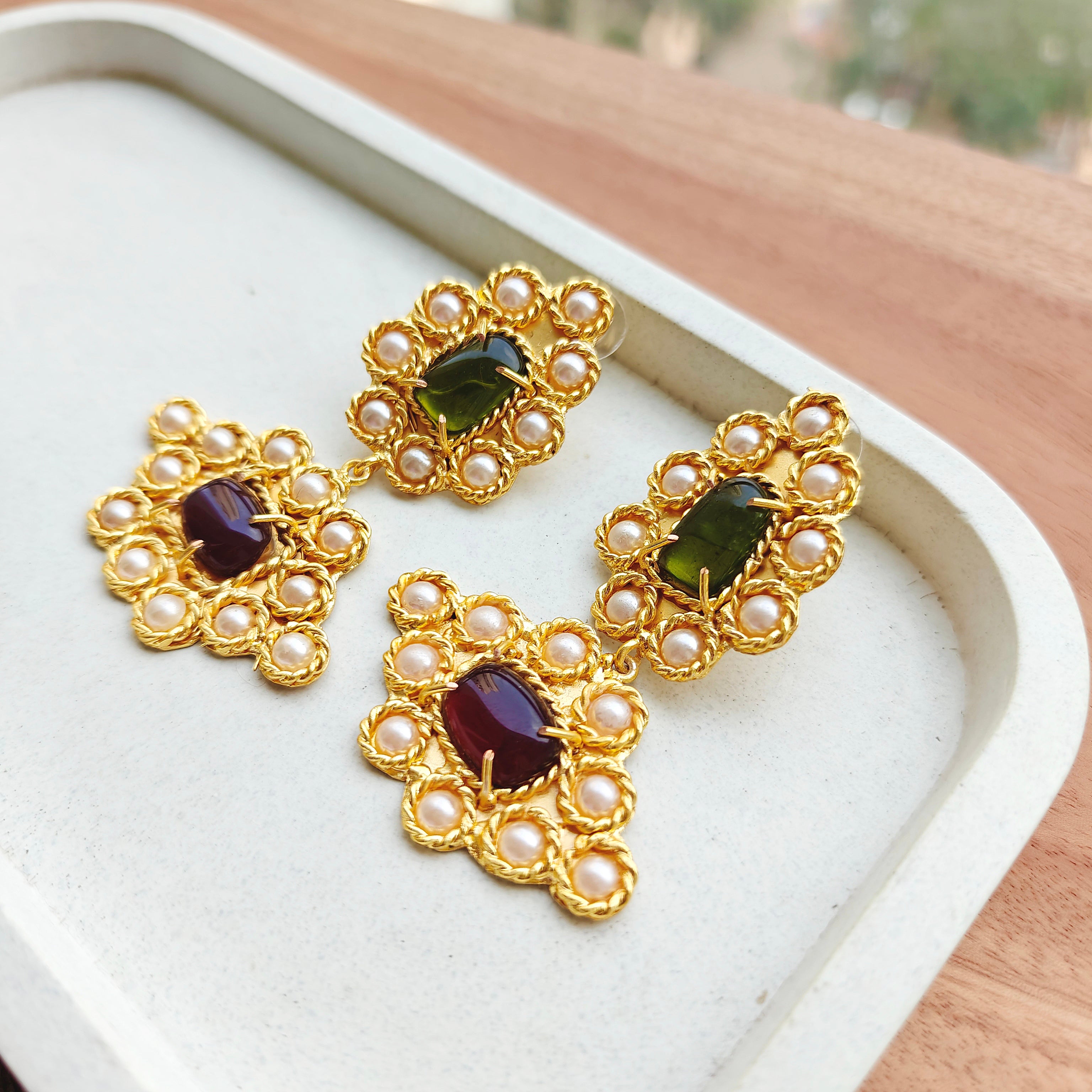 Large Bohemian studded earrings - green and pink