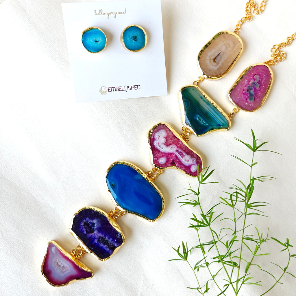 Multi-colored Geode Cascade Tie necklace set