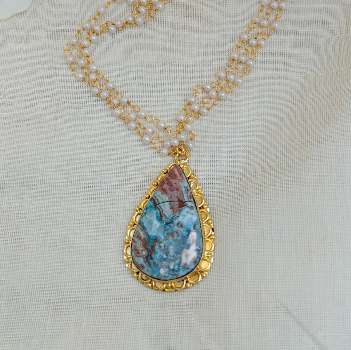 Pearl Layered Necklace with Natural Stone Pendant